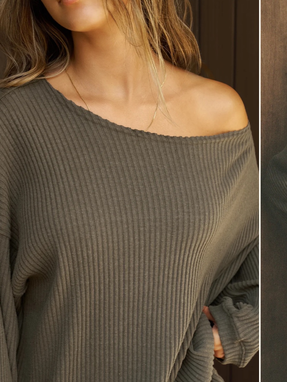 Joah Brown off shoulder tunic rib knit army luxe knit top long sleeve shirt NWT - Picture 4 of 9
